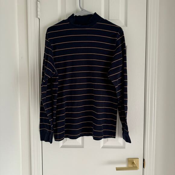 Vintage 90s Roundtree & York Navy Gold Long Sleeve Striped Mock Neck Shirt Men's - Picture 2 of 9